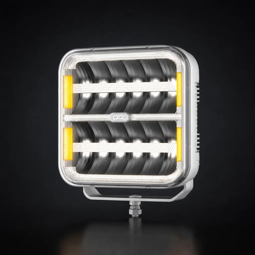 OZZ SQR 9" White Square LED Driving Light with White/Amber Position Lights – 21,000 Lumens, 950m Range, ECE R149, 9–36V