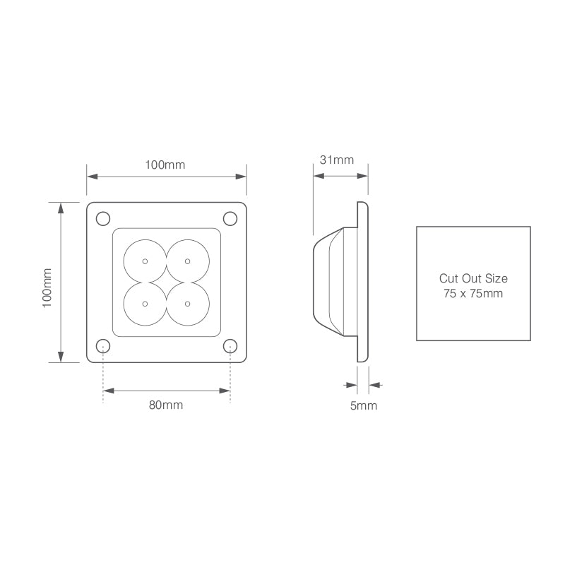 LED Autolamps Recess Mounted Square Work / Reverse Lamp - R23 Approved