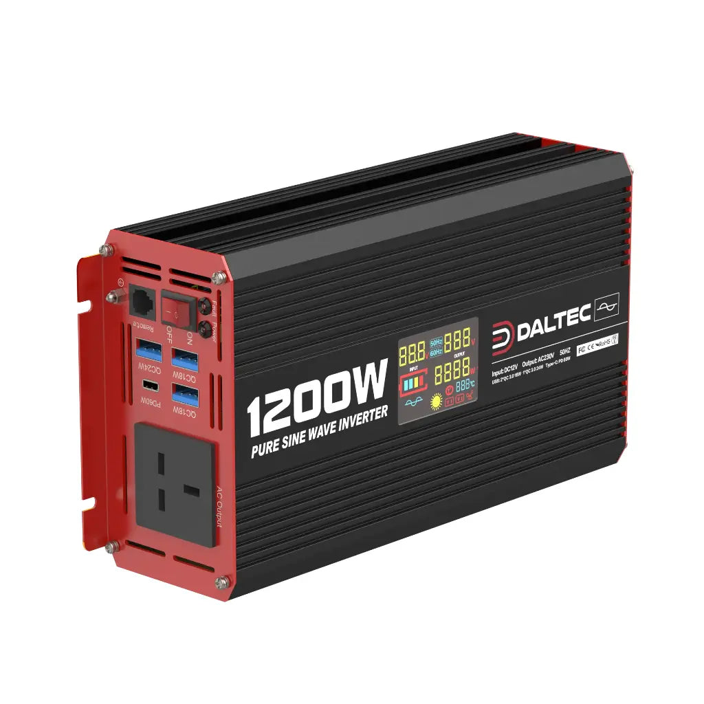 12V 1200W Pure Sine Wave Power Inverter – DC to AC, LCD Display, Wireless Remote, IP21
