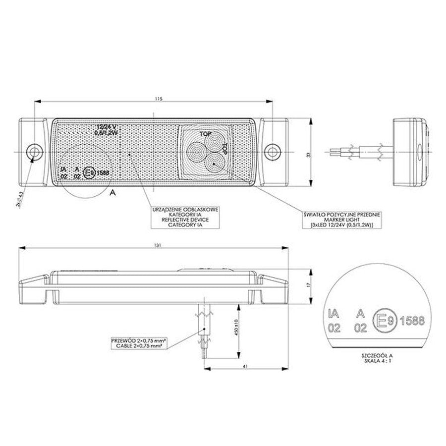 Truck LED Front Marker Light – White, 12/24V with Integrated Reflector & Compact Design