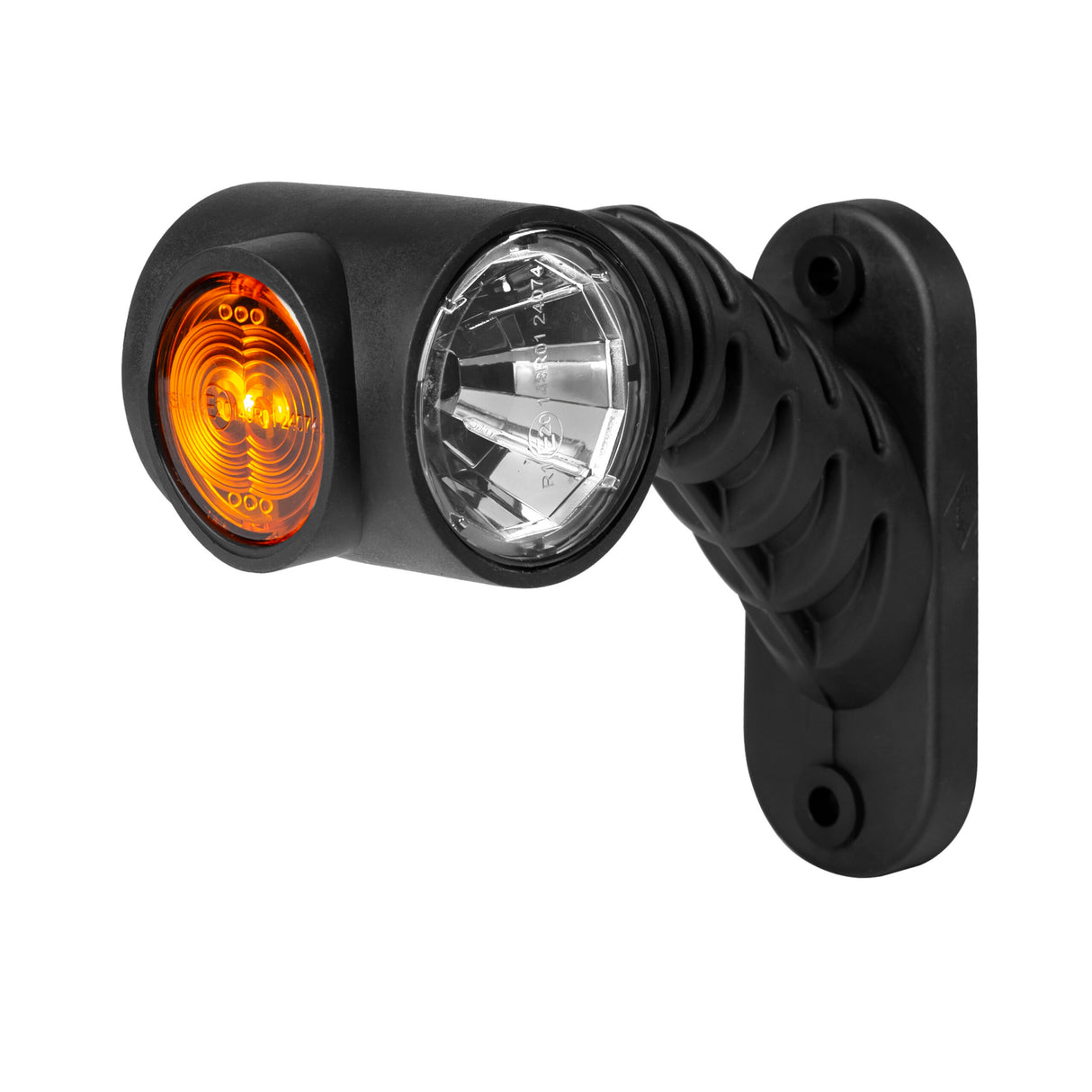 Truck LED flexible rubber stalk mount angled marker lamp with amber indicator and clear marker light.