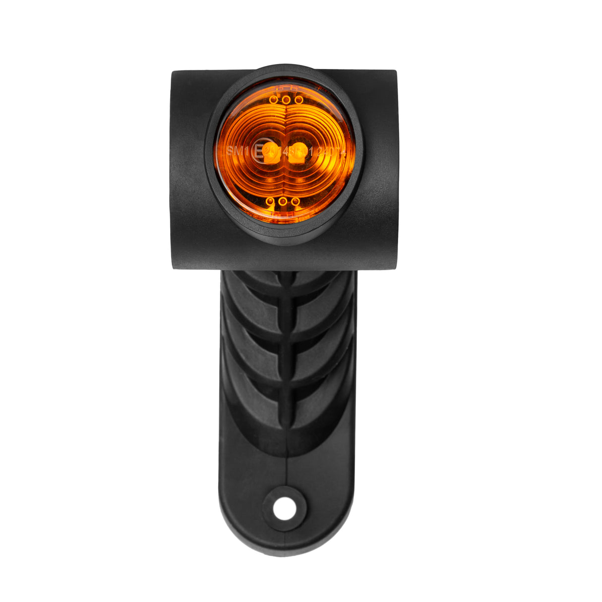 Truck LED 12/24V flexible rubber stalk angled marker lamp with orange lens and mounting hole.